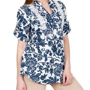 Elena Baldi Printed Linen Blouse Women’s Size M Pleated Crochet Lace Trim Toile